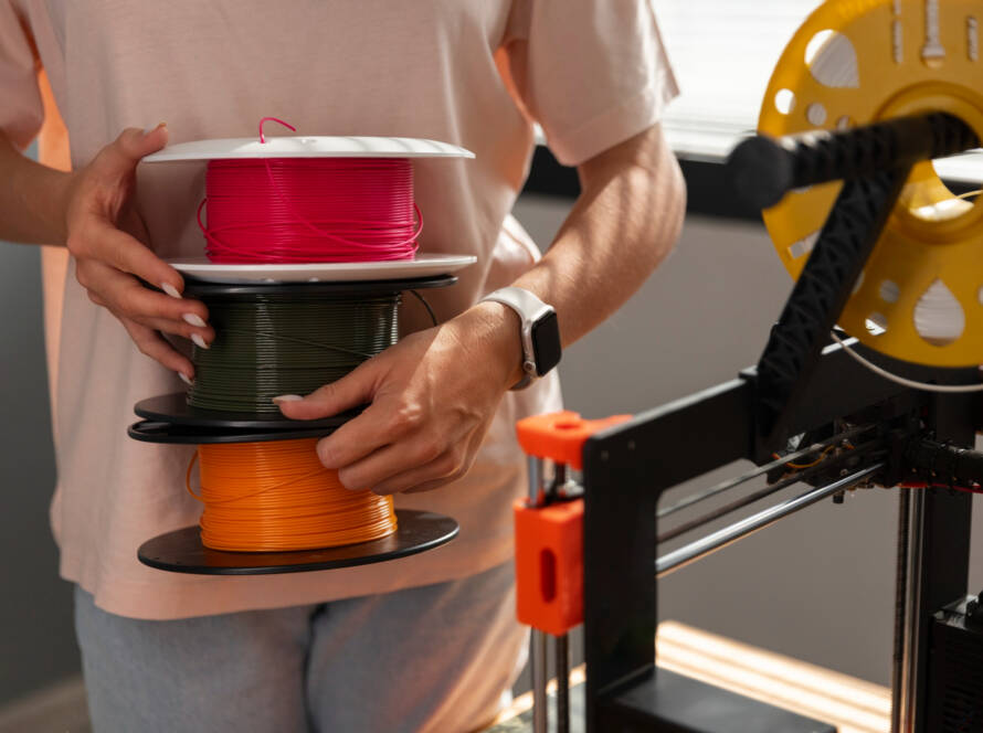Skirtingų spalvų 3D spausdinimo filamentų ritės laikomos rankose šalia 3D spausdintuvo