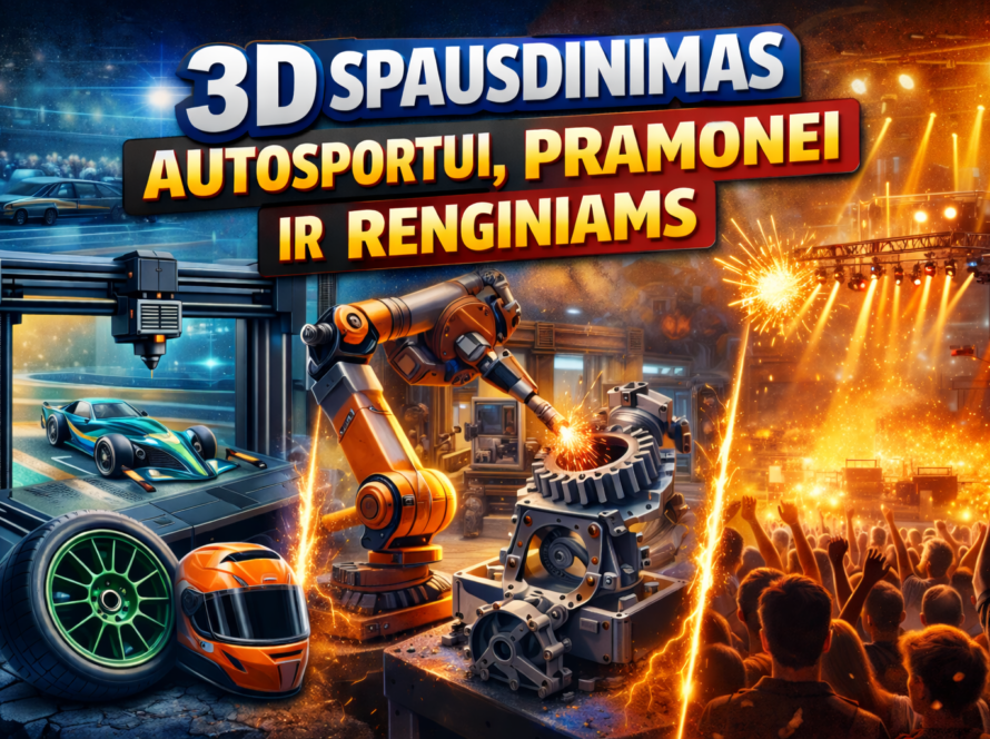3D spausdinimas autosportui, pramonei ir renginiams - technologijų, gamybos ir pritaikymo vizualizacija