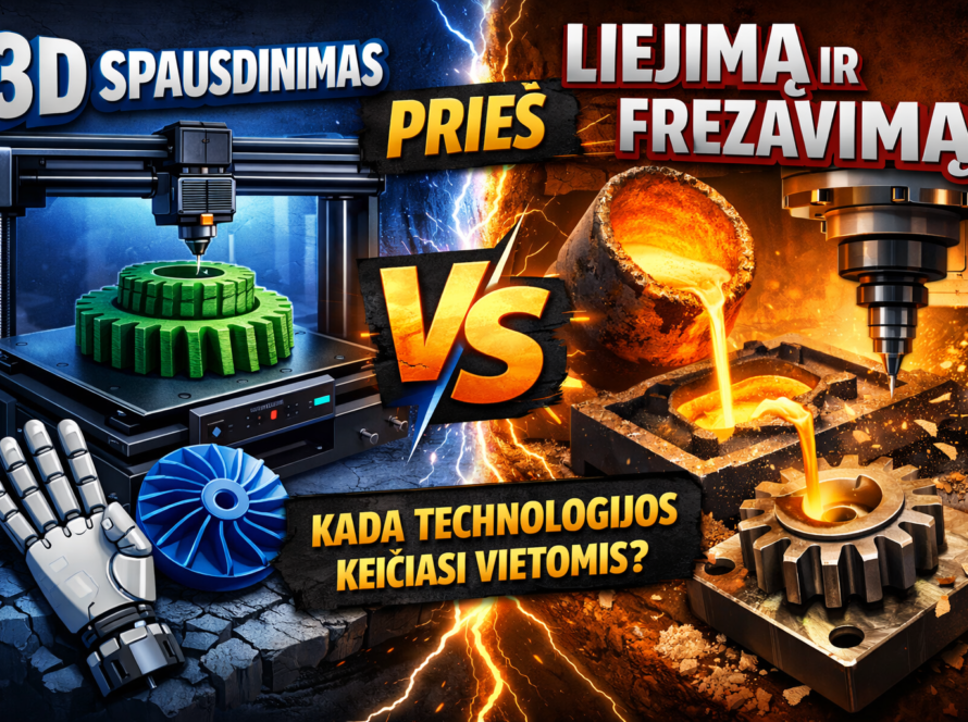 3D spausdinimo palyginimas su liejimu ir frzavimu - skirtingų gamybos technologijų vizualizacija
