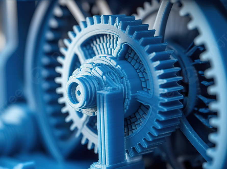 Mėlynas 3D spausdintas krumpliaračių mechanizmo makro vaizdas