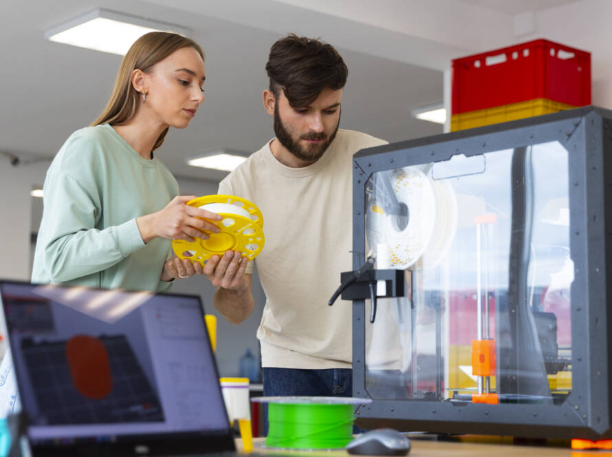 Du žmonės analizuoja 3D spausdinimo procesą ir laiko filamentą prie printerio