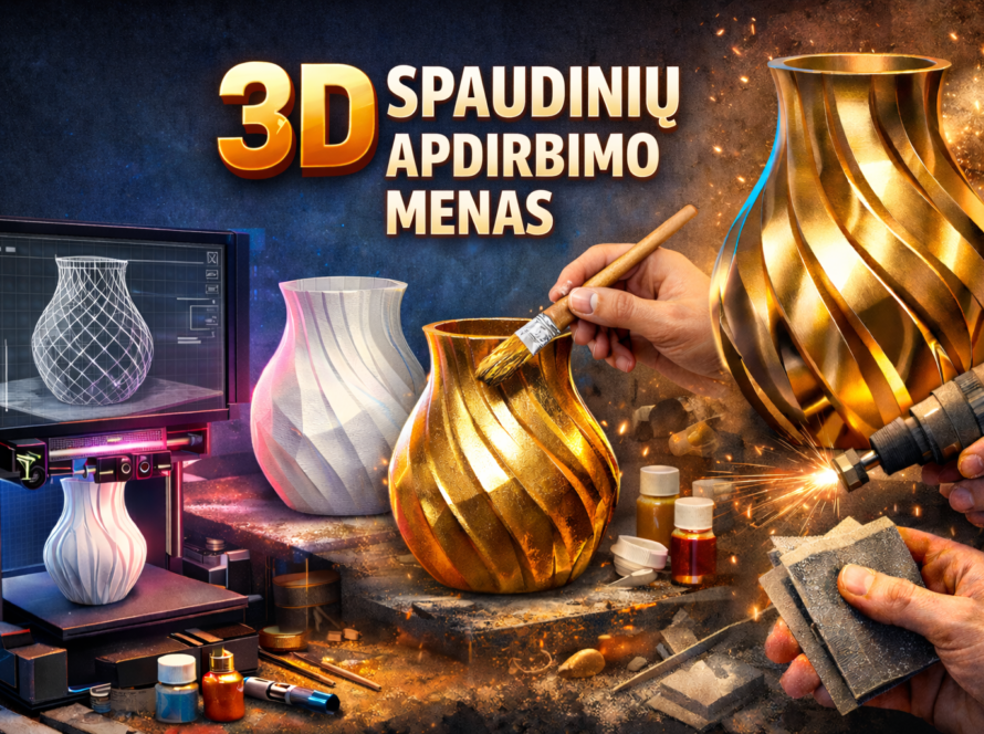 3D spausdintuvu atspausdinta dekoratyvinė vaza apdirbama - dažoma teptuku, šlifuojama ir poliruojama, fonas su užrašu „3D spausdinių apdirbimo menas“