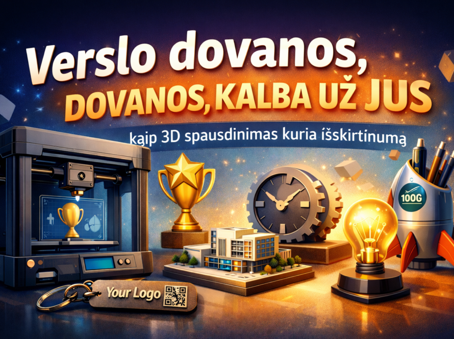 3D spausdinimas verslo dovanoms – personalizuoti trofėjai, suvenyrai su logotipu ir kūrybiniai sprendimai įmonėms