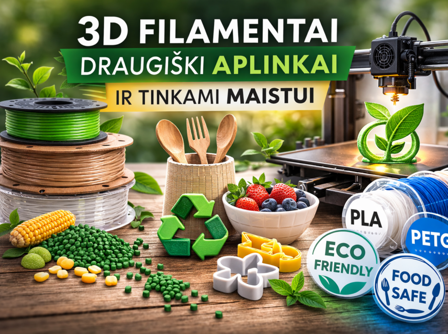 3D filamentai draugiški aplinkai PLA PETG maistui tinkamos medžiagos
