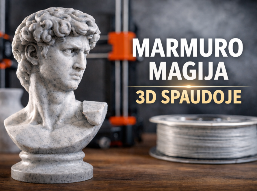 Marmuro tekstūros Dovydo biusto 3D spaudinys šalia 3D spausdintuvo ir plastiko gijos ritės, užrašas „Marmuro magija 3D spaudoje“