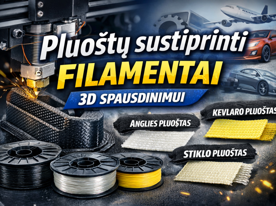 Anglies, kevlaro ir stiklo pluoštu sustiprinti 3D spausdinimo filamentai