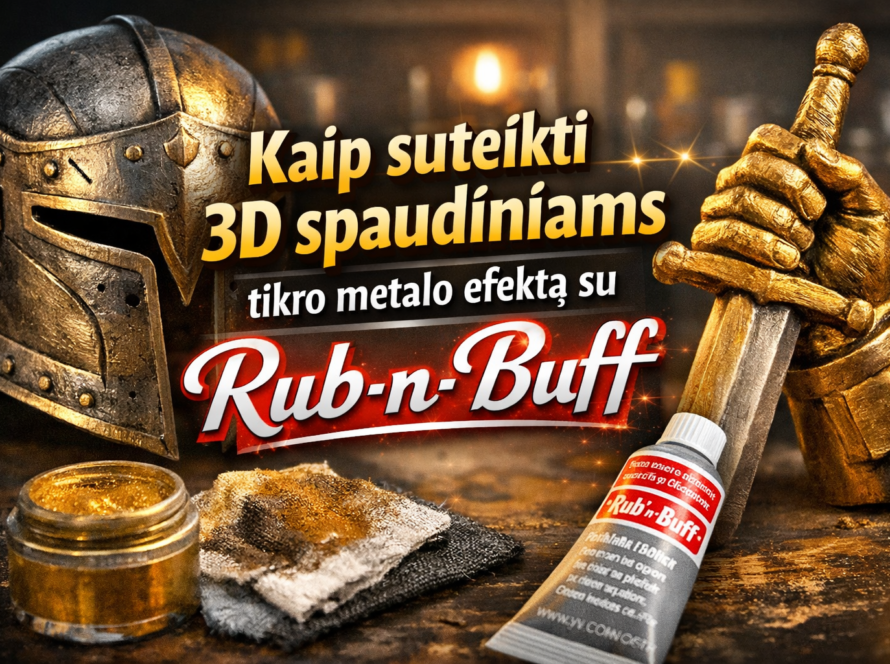 Pamoka kaip suteikti 3D spausdiniams tikro metalo efektą naudojant Rub-n-Buff, matomas auksinio metalo stiliaus šalmas, kardą laikanti ranka ir Rub-n-Buff tūbelė