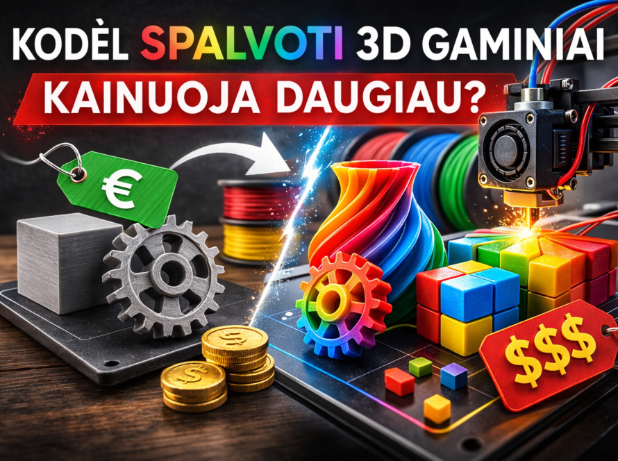 Miniatiūra su tekstu apie spalvotų 3D gaminių kainą: 3D spausdintuvas, spalvoti modeliai, krumpliaračiai, monetos ir kainų etiketė