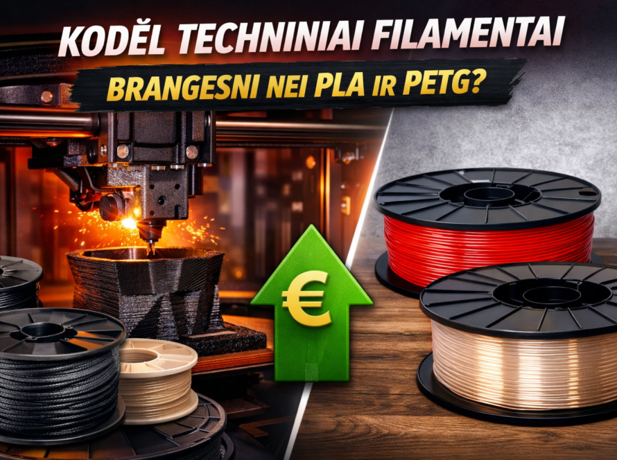 3D spausdintuvas spausdina detalę su kibirkštimis, šalia keli filamentų ritiniai ir žalia rodyklė su euro simboliu, užrašas apie techninių filamentų kainą