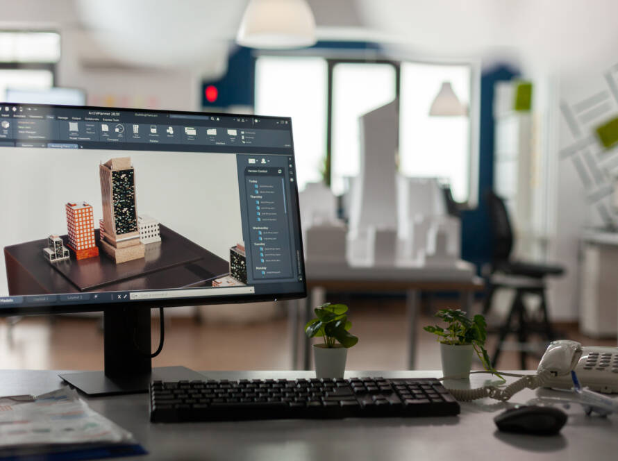 Kompiuterio ekrane rodomas 3D architektūrinis modelis projektavimo programoje