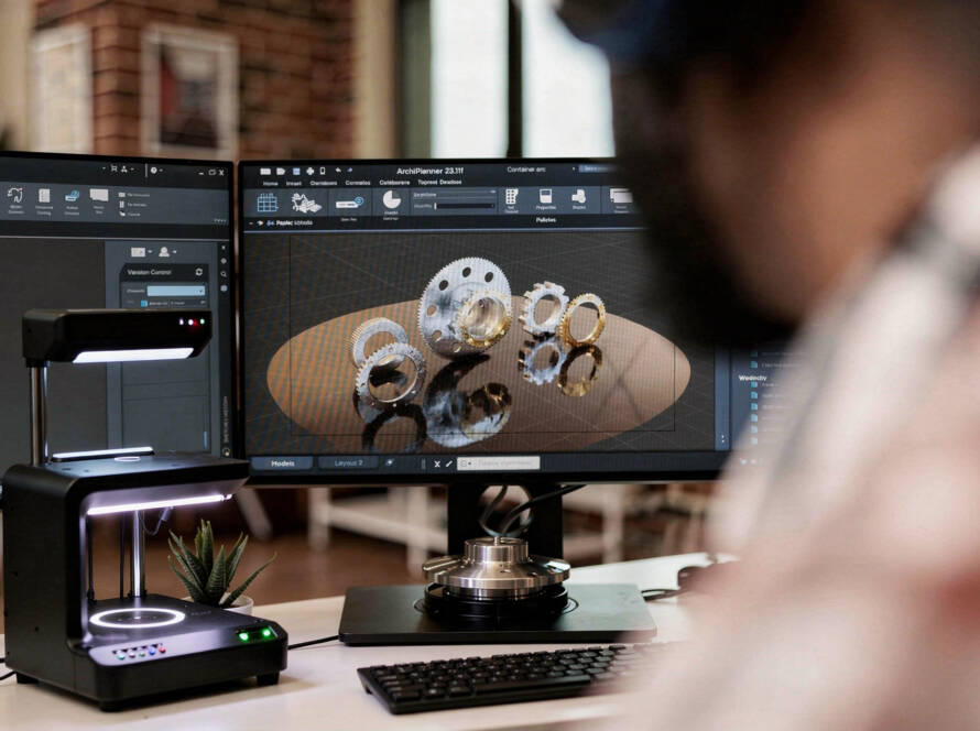 3D skenavimo įranga ir CAD programa ekrane su mechaninių detalių modeliais